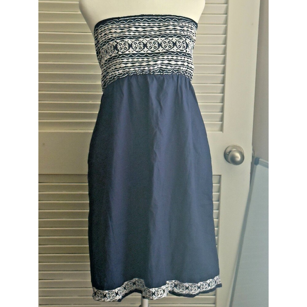 Gretchen Scott 100% Cotton Embroidered Strapless Tube Top Dress Navy XL Smocked